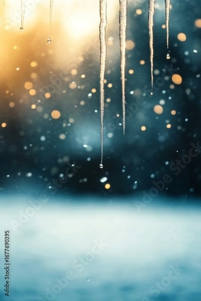Fototapeta Melting icicles with winter bokeh at golden hour