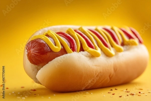 Fototapeta Juicy hot dog topped with bright yellow mustard and red ketchup, set against a vibrant yellow backdrop, ideal for a summer feast Generative AI