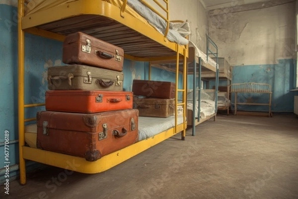 Fototapeta Vintage suitcases sit stacked next to yellow bunk beds in a rustic dormitory with faded blue walls and bare floors Generative AI