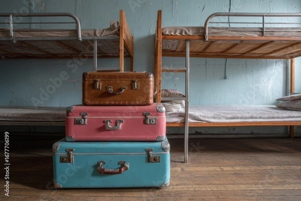 Fototapeta Three pieces of vintage luggage are neatly stacked in a hostel room featuring bunk beds and wooden flooring, illuminated by natural light Generative AI