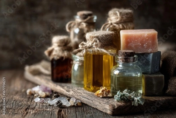 Fototapeta Bottles of essential oils and bars of handmade soap are neatly arranged on a wooden board, highlighting natural wellness products Generative AI