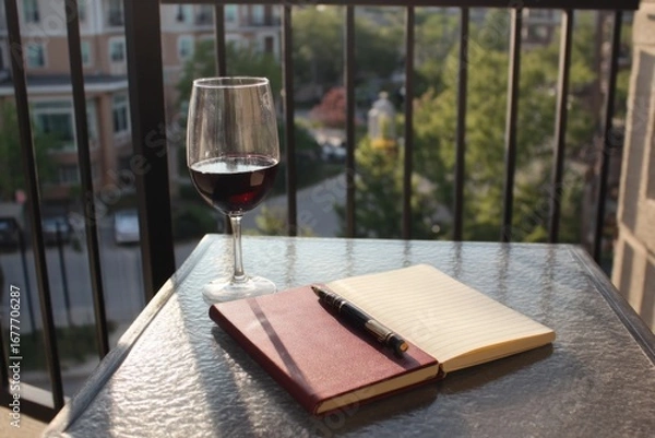 Fototapeta A person relaxes on a balcony with a glass of red wine, a notebook, and a pen, enjoying a serene evening in a suburban area Generative AI