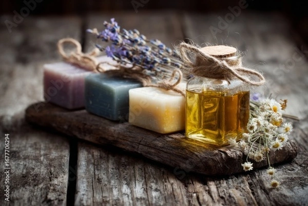 Fototapeta Beautifully crafted lavender and chamomile soaps arranged on a weathered wooden surface alongside a small bottle of essential oil Generative AI