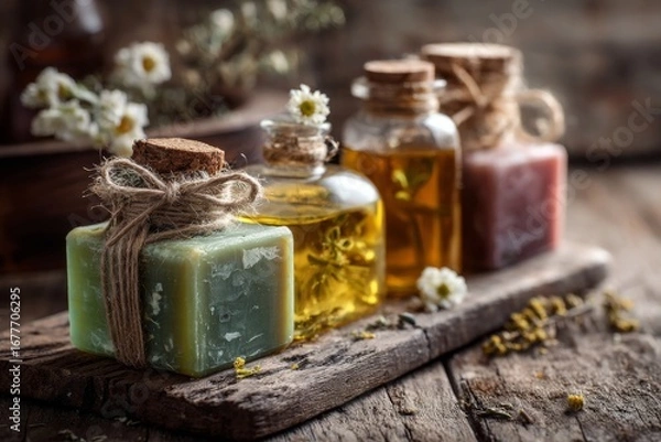 Fototapeta Unique handmade soaps and glass bottles of essential oils sit on a weathered wooden surface, adorned with flowers in a rustic environment Generative AI