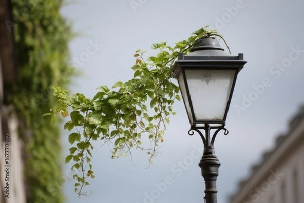 Fototapeta A vibrant green vine climbs gracefully over a decorative street lamp in a charming cityscape under a clear sky Generative AI