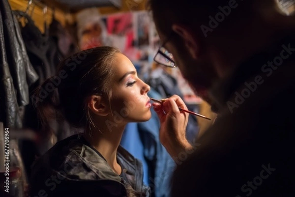 Fototapeta A makeup artist is applying makeup to a model backstage in a lively, creative setting prior to a fashion show, focusing on detail Generative AI