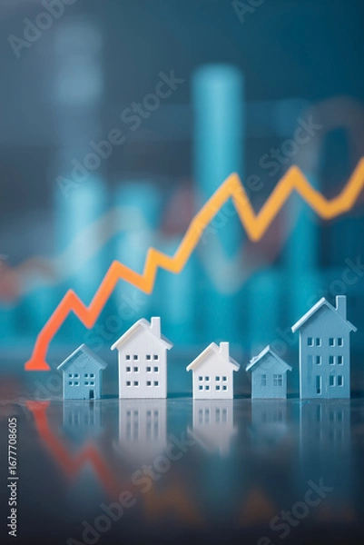 Fototapeta Housing Market Decline: A line graph shows a significant drop over a row of small house models, representing property market trends.