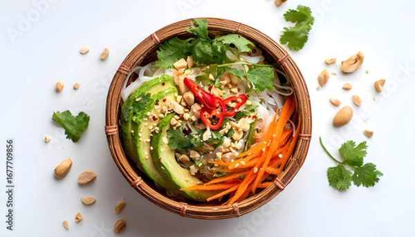 Fototapeta Fresh Chinese noodle salad in woven bowl bursting with colorful vegetables like carrots, avocado. Garnished with chili, cilantro, crunchy toppings.