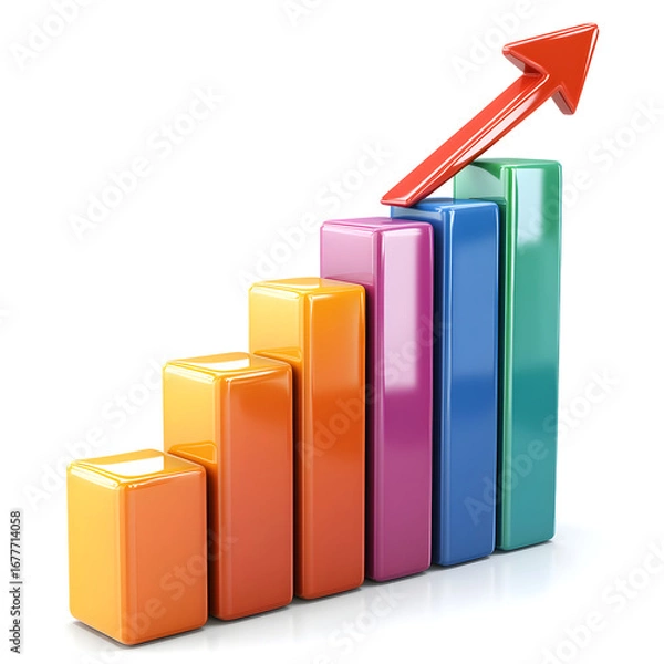 Obraz 3D Colorful Bar Graph with Upward Arrow Symbolizing Growth