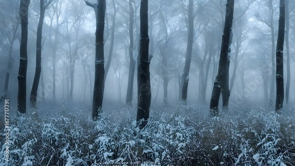 Fototapeta A frozen winter forest with snow-covered trees and a misty path