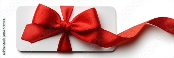Fototapeta Elegant red bow on blank gift card with flowing ribbon