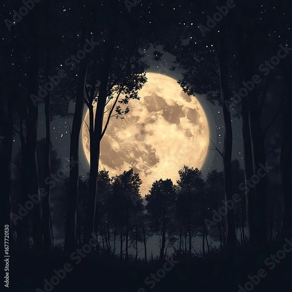 Fototapeta Twilight moon creating reflection over still waters with trees high resolution picture