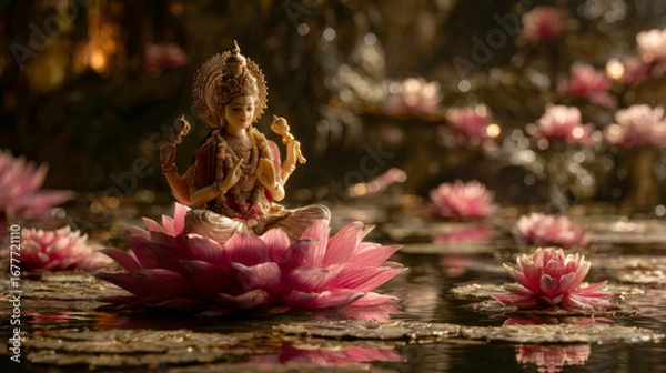 Fototapeta Intricate statue of Lord Brahma seated gracefully on a lotus amidst colorful flowers during Diwali festivities