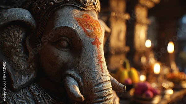 Fototapeta Close-up view of a lifelike Ganesha statue with diya and offerings during Diwali celebration in a festive setting