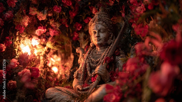 Fototapeta Realistic statue of Goddess Kali surrounded by flowers and lights during Diwali festivities in a temple