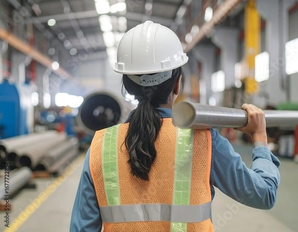 Fototapeta Rear view of a female industrial worker in a hard hat and safety vest carrying a heavy metal pipe through a factory