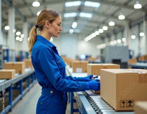 Fototapeta Female worker in blue uniform carefully handling cardboard box packages on a conveyor belt inside a modern distribution warehouse