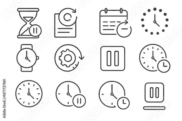 Fototapeta Line Style Waiting Icons. Line style icons of icons for waiting and delay: hourglass pause, delayed schedule, postponed calendar,