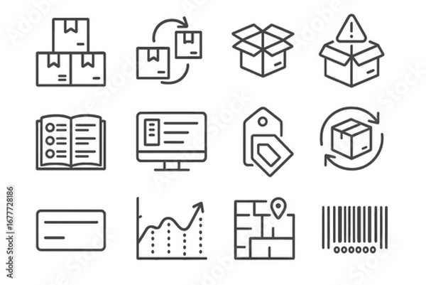 Fototapeta Inventory Management Icons. Line style icons of inventory management: stock icon, reorder point, stock in/out icon, low inventory