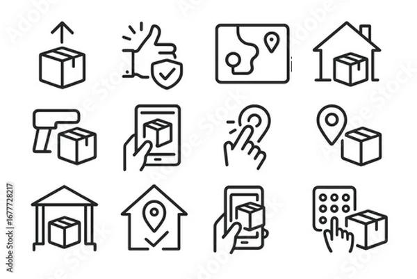 Fototapeta Last Mile Deliveries. Line style icons of last mile logistics: drop-off icon, delivery confirmation, delivery route map,