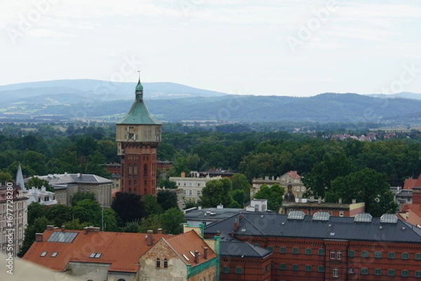 Fototapeta water tower, swidnica, lower silesia, poland, summer, august 2025, dolnoslaskie, view from the tower, landscape, from above, view from town hall