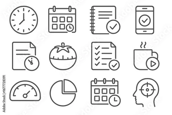 Fototapeta Time Management Icons. Line style icons of time management at work: wall clock, calendar block, daily planner icon, time tracker
