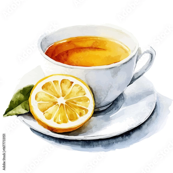 Fototapeta watercolor vector of Hot Tea With Lemon Slice, isolated on a white background.