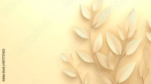 Fototapeta Minimalist arrangement of paper leaves on a soft, pastel yellow background