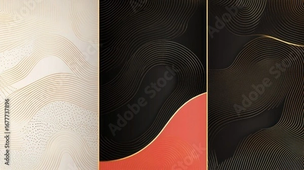Fototapeta Abstract panels with wavy gold lines on white, black, & red backgrounds
