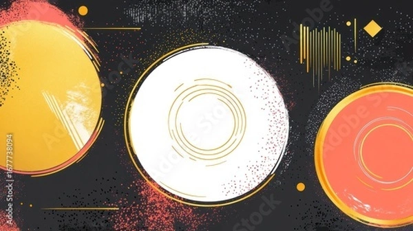 Fototapeta Geometric abstract with gold, red, and white circles on dark speckled backdrop