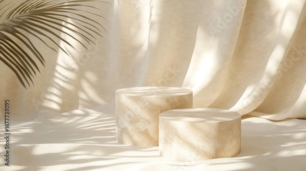 Fototapeta Beige scene two stone cylinders, fabric backdrop, palm shadows