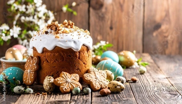 Obraz A delightful array of traditional Easter treats, including a decorated kulich, colorful eggs, and festive cookies, is displayed on a rustic wooden table.