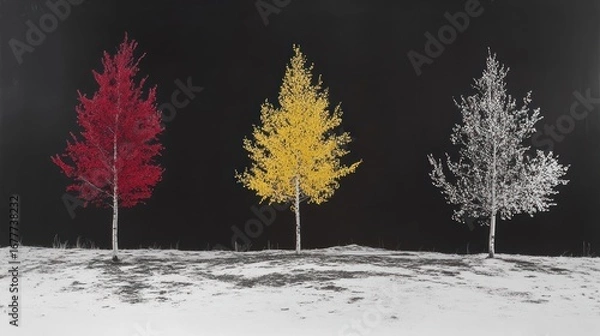 Fototapeta Triptych Colorful trees (red, yellow, white) in snowy field against dark backdrop
