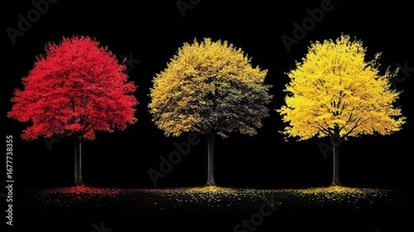Fototapeta Three stylized trees against a black background, showcasing vibrant red, gold, and yellow autumn foliage, positioned in a row.  Minimalist, autumnal aesthetic