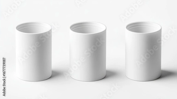 Fototapeta Three white cylindrical containers on a white background