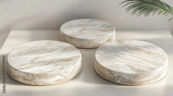 Fototapeta Three circular, off-white marble podiums sit on a light beige surface, subtly illuminated by sunlight filtering from the upper left, with a palm frond partially visible in the upper right corner.  