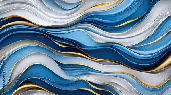 Fototapeta Flowing abstract layers in blue, white, and gold