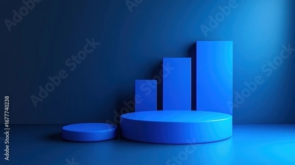 Fototapeta A blue, minimalist stage with cylinders and bars, ideal for product presentation or artistic display