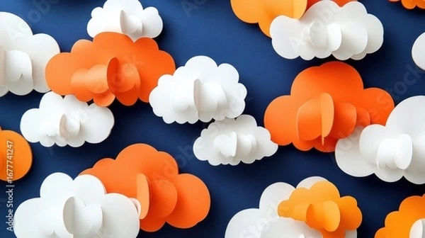Fototapeta Overhead view of paper cut clouds, orange and white, against a deep blue background
