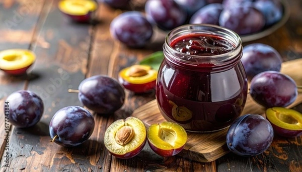 Fototapeta Plum Jam on Rustic Surface