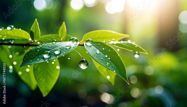 Obraz Delicate green leaves, glistening with morning dew, bathed in the soft sunlight of a vibrant natural setting.