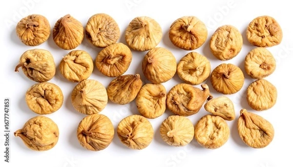 Obraz Dried figs arranged in a symmetrical pattern against a plain white background, showcasing their golden-brown color and texture.