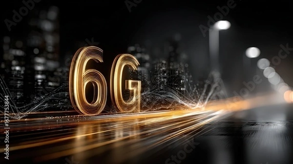 Obraz Futuristic Cityscape with Glowing 6G Technology Sign and Blurred Light Trails