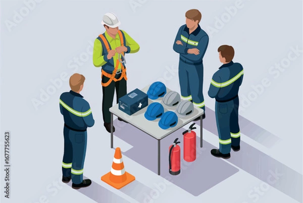 Fototapeta Team of professionals in safety gear gathered around a table with equipment for construction work transparent background