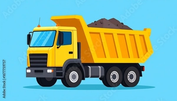 Obraz A vibrant yellow dump truck is depicted against a light blue background, highlighting its sturdy construction and cargo capacity.