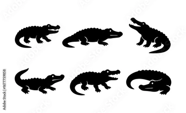 Fototapeta Crocodile and alligator silhouette set for wildlife designs