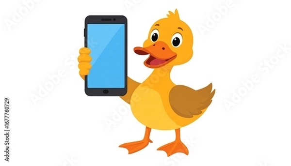 Obraz A cartoon duck displays a modern smartphone, showcasing a simple, cheerful digital illustration.