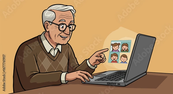 Fototapeta Senior video call with cheerful grandfather interacting with family members on computer screen. Cheerful senior video call shows bond and love between generations.