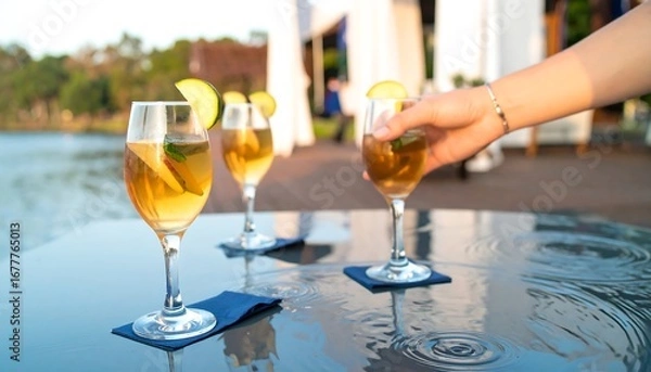 Obraz Refreshing cocktails, garnished with cucumber slices and mint, are placed on a water-spotted table by the lake.