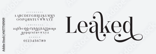 Obraz Leaked Elegant Font Uppercase Lowercase and Number. Classic Lettering Minimal Fashion Designs. Typography modern serif fonts regular decorative vintage concept. vector illustration

